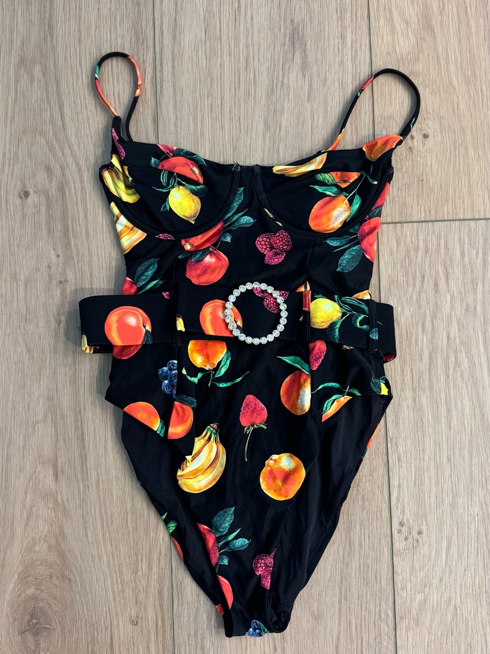WeWoreWhat Black Fruit-Print One-Piece Swimsuit with Gem Belt